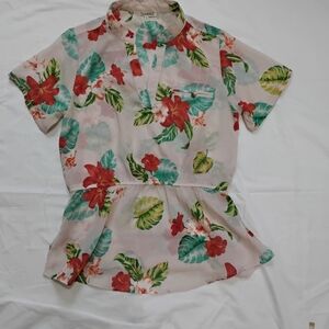 MILEAGE women'sCream and Red Peplum Blouse with Mandarin Collar Size L